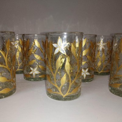 Antique Art Nouveau Gold & Enamel Painted Craquele Tea Glasses, Set of 8-YGE-590370