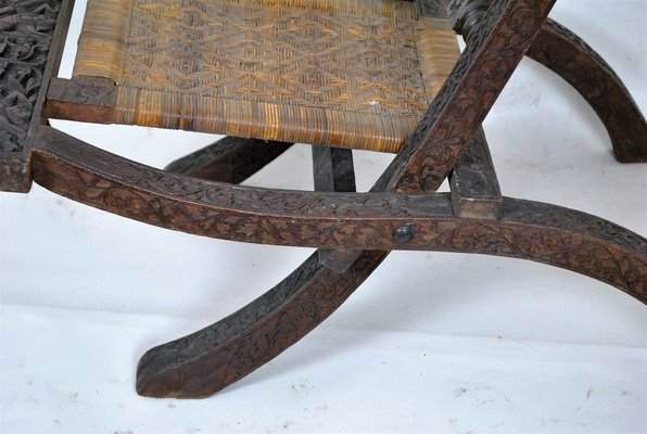 Antique Asian Carved Exotic Wood & Cannage Folding Chair-SYQ-1057704