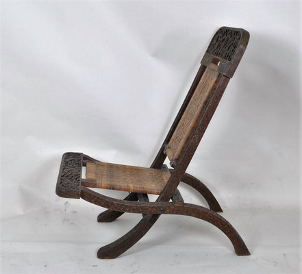 Antique Asian Carved Exotic Wood & Cannage Folding Chair-SYQ-1057704