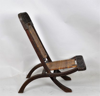 Antique Asian Carved Exotic Wood & Cannage Folding Chair-SYQ-1057704