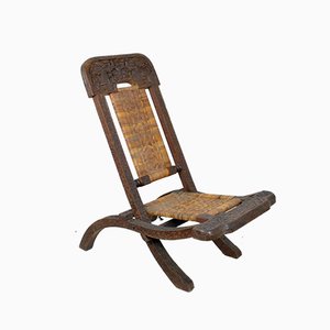 Antique Asian Carved Exotic Wood & Cannage Folding Chair-SYQ-1057702