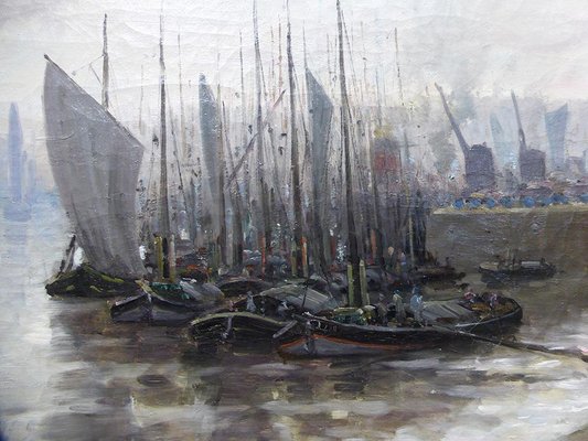 Antique Bateaux Au Port French School Painting by Hermann Delpech-WSV-605222