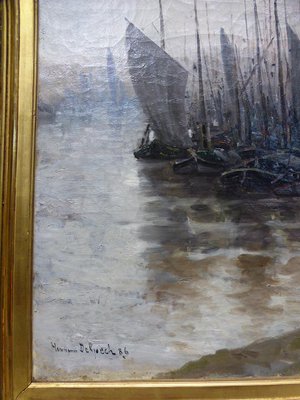 Antique Bateaux Au Port French School Painting by Hermann Delpech-WSV-605222