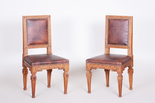 Antique Biedermeier Chairs in Oak and Leather, 1800s, Set of 2-WHY-1768662