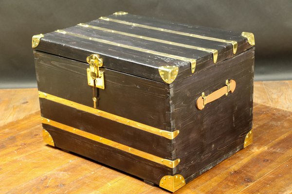 Antique Black Trunk with Inlaid Brass-EMZ-832638