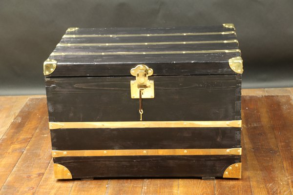 Antique Black Trunk with Inlaid Brass-EMZ-832638