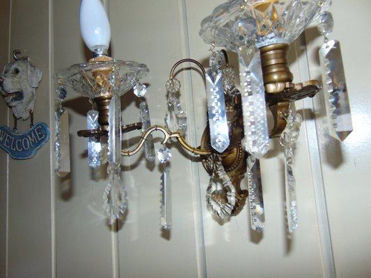 Antique Brass and Crystal Double Sconce-CAQ-602777