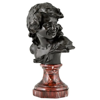 Antique Bronze Bust of a Smiling Child by Jean Antoine Injalbert, France, 1900s-KTN-1283246