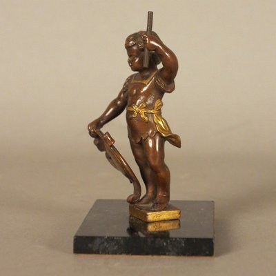 Antique Bronze Putti Sculpture with Shield and Staff on Marble Base-WK-669683