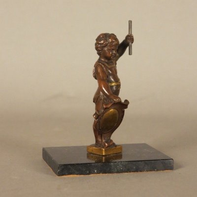 Antique Bronze Putti Sculpture with Shield and Staff on Marble Base-WK-669683