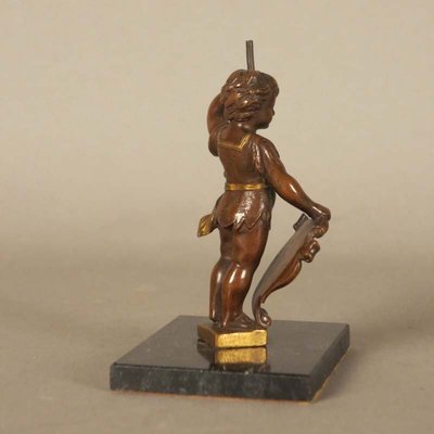 Antique Bronze Putti Sculpture with Shield and Staff on Marble Base-WK-669683