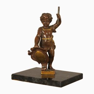 Antique Bronze Putti Sculpture with Shield and Staff on Marble Base-WK-669683