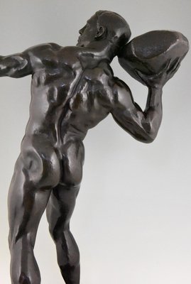 Antique Bronze Sculpture of Male Nude with Stone by Hugo Siegwart-KTN-621978