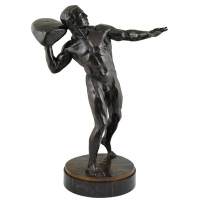 Antique Bronze Sculpture of Male Nude with Stone by Hugo Siegwart-KTN-621978