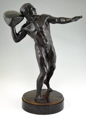 Antique Bronze Sculpture of Male Nude with Stone by Hugo Siegwart-KTN-621978