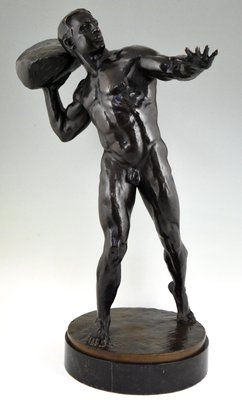 Antique Bronze Sculpture of Male Nude with Stone by Hugo Siegwart-KTN-621978