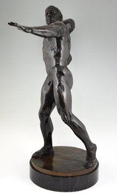 Antique Bronze Sculpture of Male Nude with Stone by Hugo Siegwart-KTN-621978