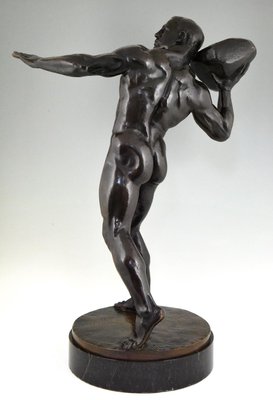 Antique Bronze Sculpture of Male Nude with Stone by Hugo Siegwart-KTN-621978