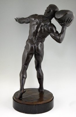 Antique Bronze Sculpture of Male Nude with Stone by Hugo Siegwart-KTN-621978