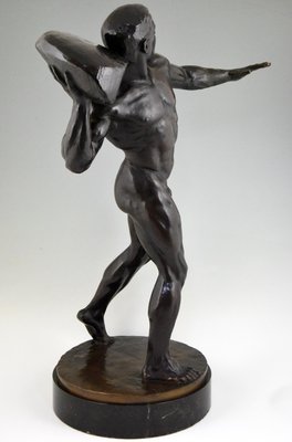 Antique Bronze Sculpture of Male Nude with Stone by Hugo Siegwart-KTN-621978