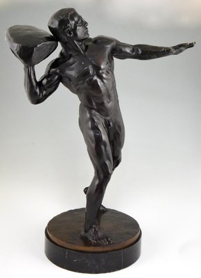 Antique Bronze Sculpture of Male Nude with Stone by Hugo Siegwart-KTN-621978