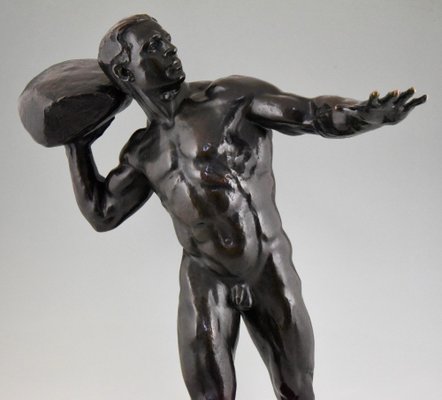 Antique Bronze Sculpture of Male Nude with Stone by Hugo Siegwart-KTN-621978