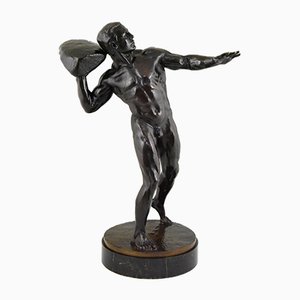 Antique Bronze Sculpture of Male Nude with Stone by Hugo Siegwart-KTN-621978