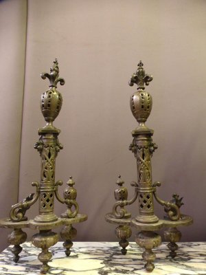 Antique Bronze Silver Andirons, Set of 2-WSV-605461