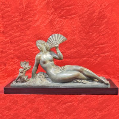 Antique Bronze Woman with a Fan Sculpture by A. Soleau, 1930s-YVI-582244