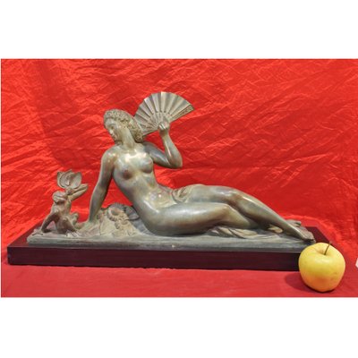 Antique Bronze Woman with a Fan Sculpture by A. Soleau, 1930s-YVI-582244