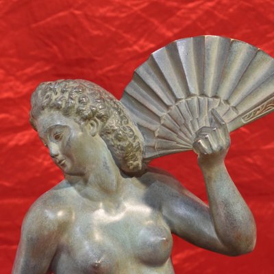 Antique Bronze Woman with a Fan Sculpture by A. Soleau, 1930s-YVI-582244