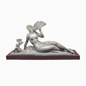 Antique Bronze Woman with a Fan Sculpture by A. Soleau, 1930s-YVI-582244