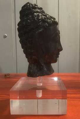 Antique Burmese Bronze Buddha Head with Acrylic Glass Base, 1900s-ERB-666874