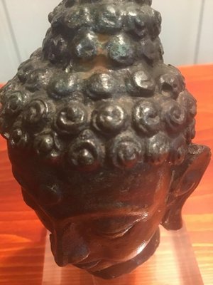 Antique Burmese Bronze Buddha Head with Acrylic Glass Base, 1900s-ERB-666874