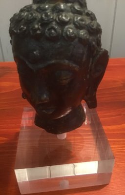 Antique Burmese Bronze Buddha Head with Acrylic Glass Base, 1900s-ERB-666874