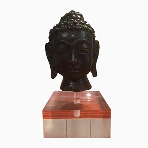 Antique Burmese Bronze Buddha Head with Acrylic Glass Base, 1900s-ERB-666874