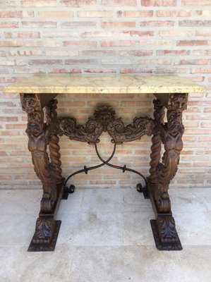 Antique Carved Console Table with Beige Marble Top-NOU-769714