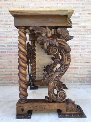 Antique Carved Console Table with Beige Marble Top-NOU-769714