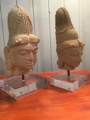 Antique Central American Aztec Stone Heads with Acrylic Glass Base, Set of 2-ERB-666877