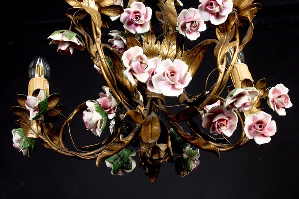 Antique Chandelier with Porcelain Flowers-MBH-1234427