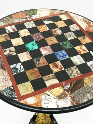 Antique Charles X Chess Table in Bronze Gilded Inlaid with Marble and Stones-UCH-1224444