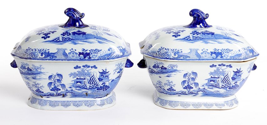 Antique Chinese Blue and White Tureens from Patent Ironstone, Set of 2-VAP-777025