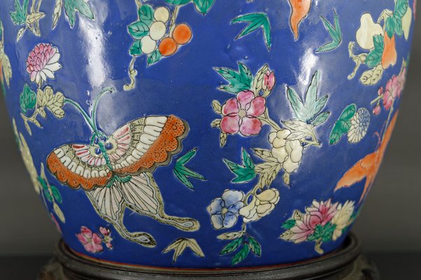 Antique Chinese Blue Ceramic Lamp with Butterflies, 1865-XNH-1804551