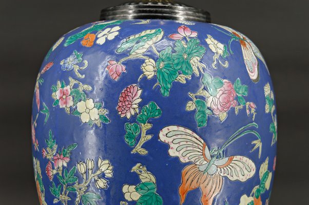 Antique Chinese Blue Ceramic Lamp with Butterflies, 1865-XNH-1804551