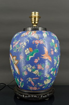 Antique Chinese Blue Ceramic Lamp with Butterflies, 1865-XNH-1804551