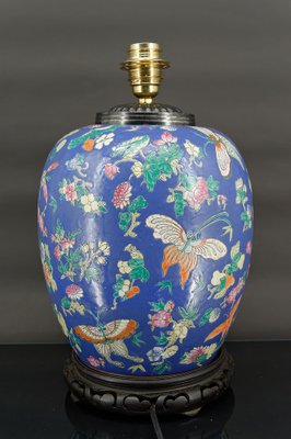 Antique Chinese Blue Ceramic Lamp with Butterflies, 1865-XNH-1804551