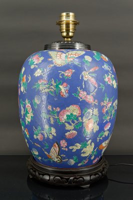 Antique Chinese Blue Ceramic Lamp with Butterflies, 1865-XNH-1804551