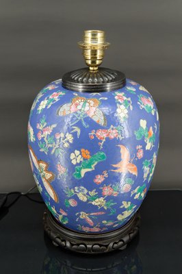 Antique Chinese Blue Ceramic Lamp with Butterflies, 1865-XNH-1804551