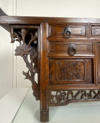 Antique Chinese Elmwood Altar Coffer with Foliage-Carved Spandrels-WZZ-1264265