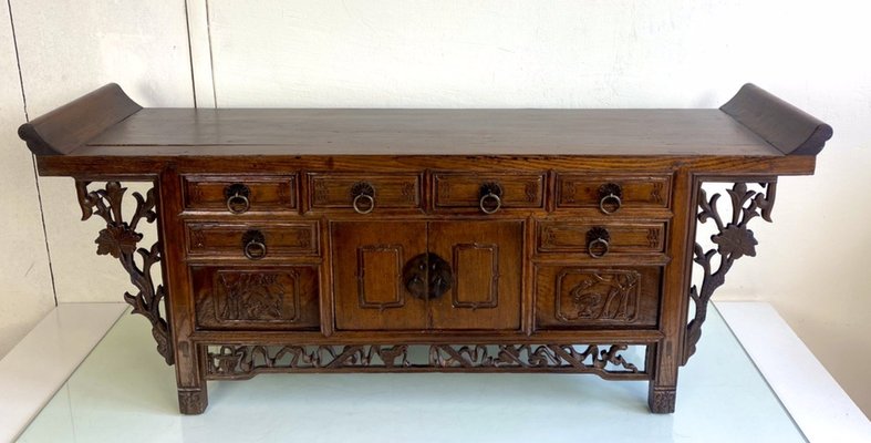 Antique Chinese Elmwood Altar Coffer with Foliage-Carved Spandrels-WZZ-1264265